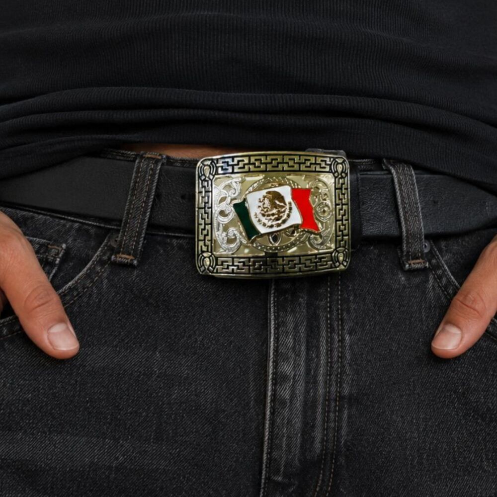 Mexican Flag Western Belt Buckle Silver Tone Enamel Cowboy Rodeo